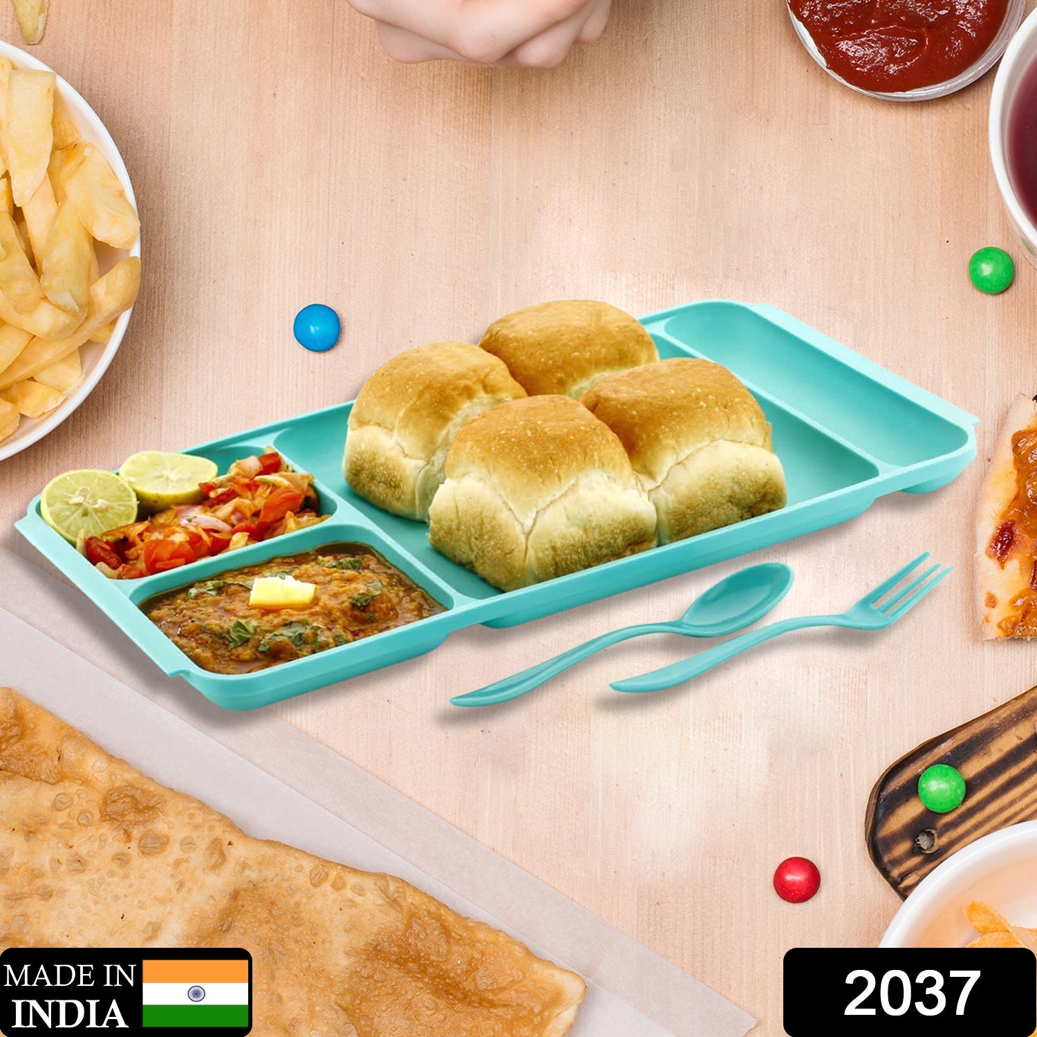 2037 4Compartment Dish with Spoon and Fork(2 Dish Set with 1Spoon and 1Fork) Dinner Plate Plastic Compartment Plate Pav Bhaji Plate 4-Compartments Divided Plastic Food Plate. DeoDap 2037 4Compartment Dish with Spoon and Fork(2 Dish Set with 1Spoon and 1Fork) Dinner Plate Plastic Compartment Plate Pav Bhaji Plate 4-Compartments Divided Plastic Food Plate. DeoDap